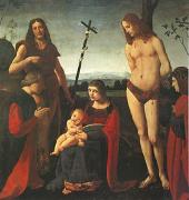 BOLTRAFFIO, Giovanni Antonio The Virgin and Child with Saints John the Baptist and Sebastian Between Two Donors (mk05) oil on canvas